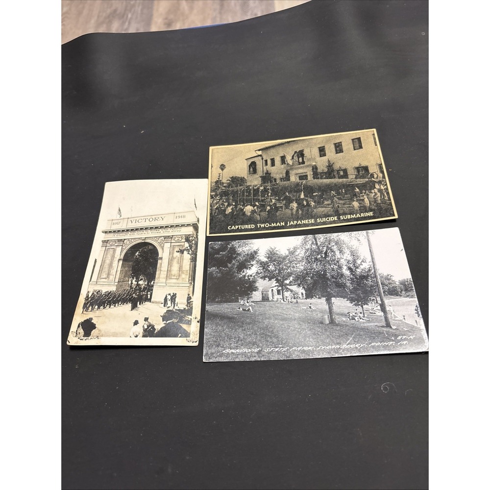 Postcard Lot of 3 WWI Victory Arch WWII Japanese Submarine Backbone Park IA